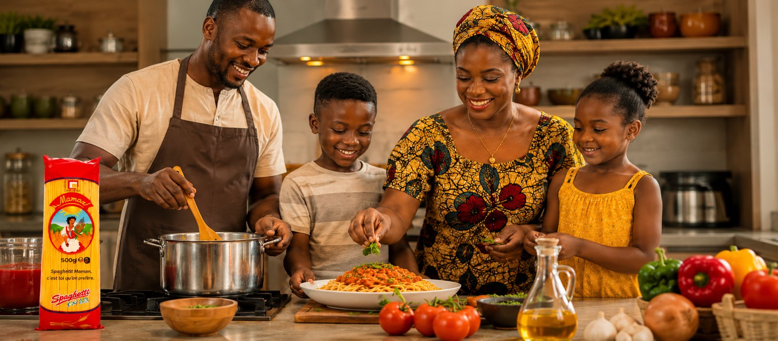 Une famille ivoirienne cuisine les Spaghetti Maman en famille